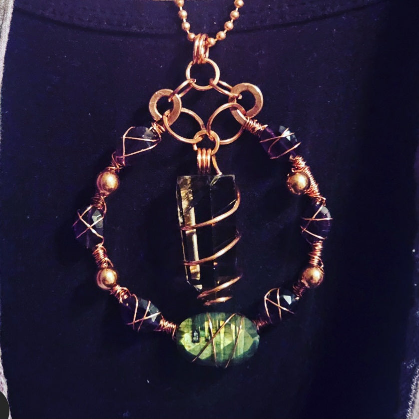 Smoky Quartz, Amethyst & Labradorite Wire-Wrapped Copper Pendant