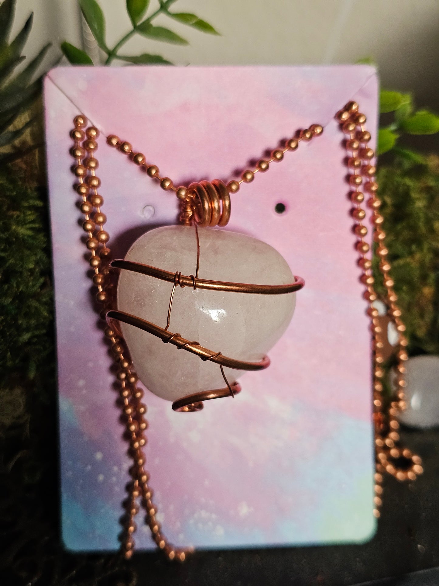 Rose quartz copper wire wrapped pendant