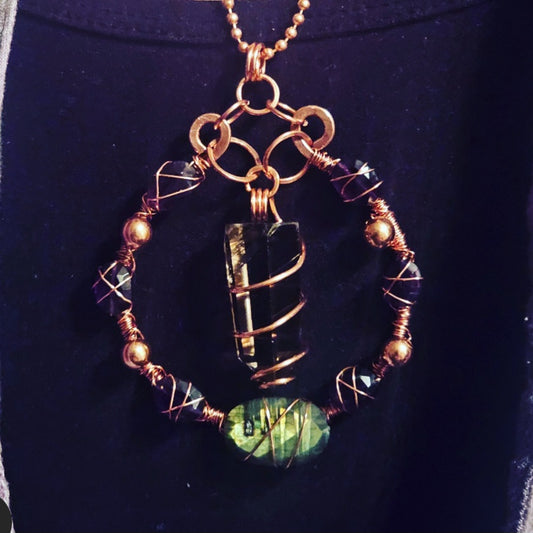 Smoky Quartz, Amethyst & Labradorite Wire-Wrapped Copper Pendant
