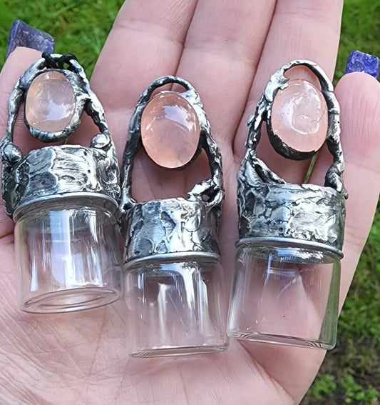 Natural Rose Quartz gemstone Glass Jar Pendants for cremated ashes, herbs and more